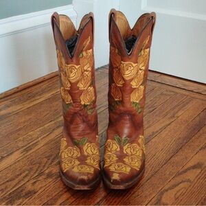 Corral Brown Leather Western Boots with Yellow Rose Embroidery